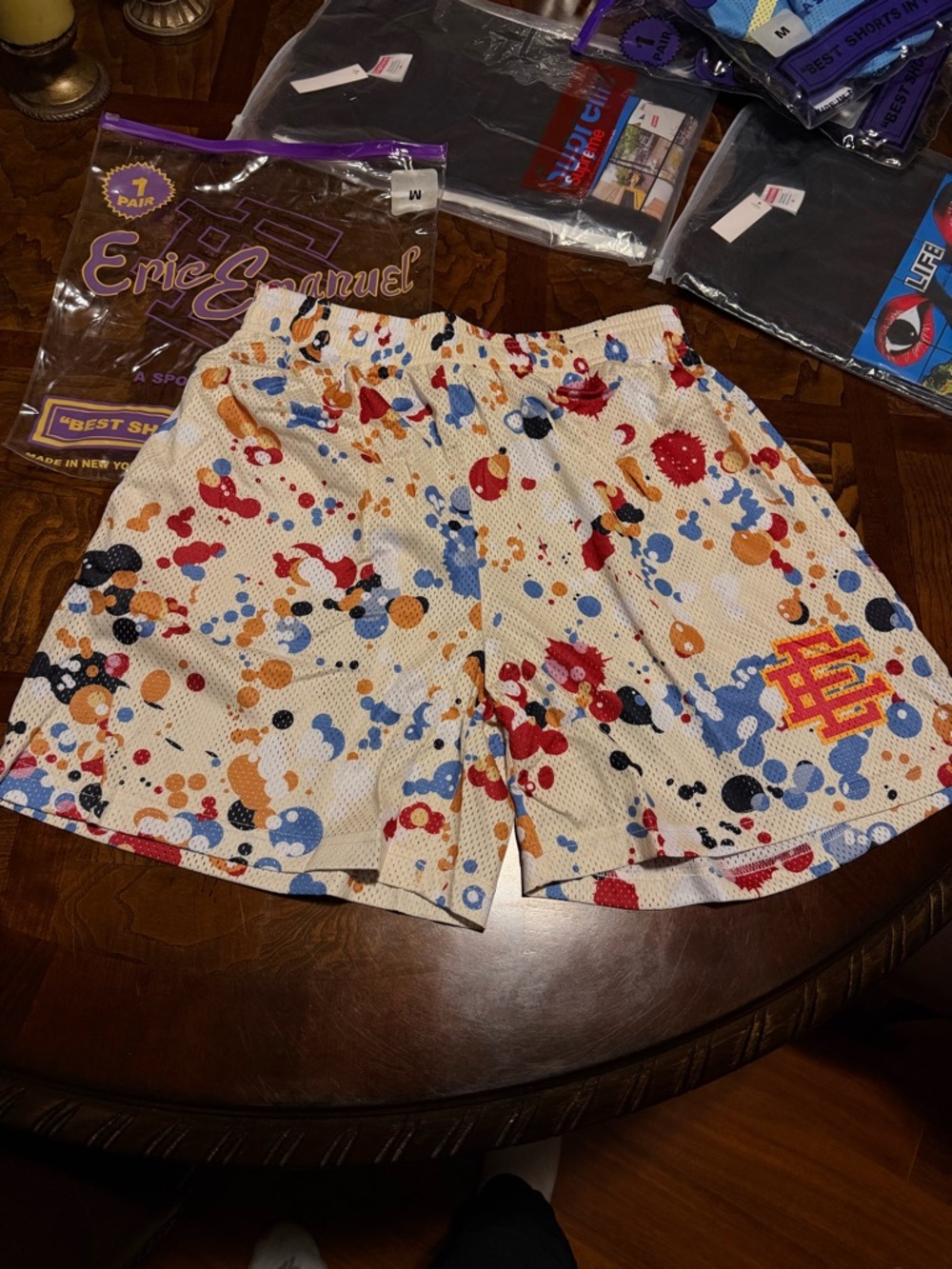 Eric Emanuel Cream Mesh Shorts with Multicolor Paint Splatter